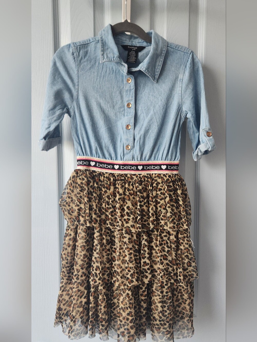Bebe Girls Denim And Leopard Tiered  Dress